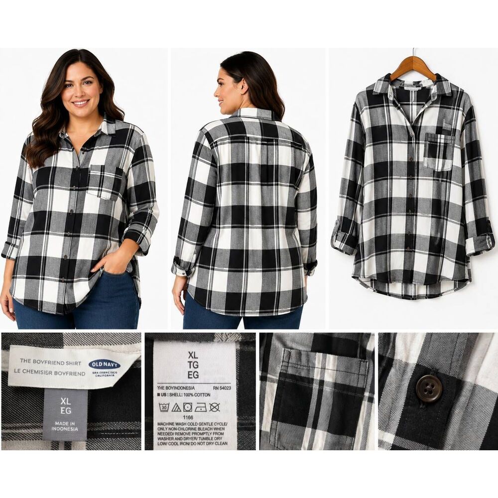 Old Navy Boyfriend Shirt XL Black White Plaid Button Front